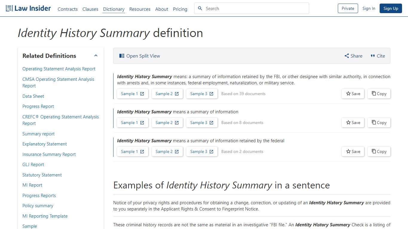 Identity History Summary Definition | Law Insider